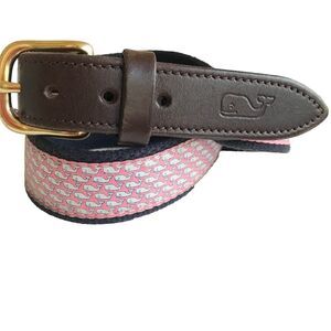 Vineyard Vines Brown Leather Belt Canvas Whales Mens Size 28 Shep Ian Blue Pink